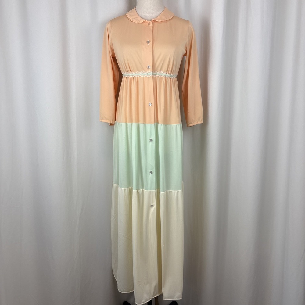 Vtg 60s 70s Retro Mod Pastel Colorblock Maxi Lounge Button Dress Nightgown XS/S